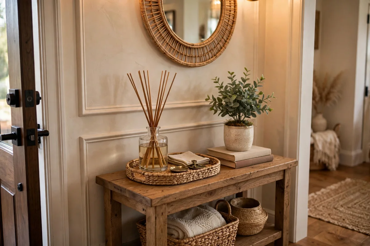 Reed diffuser on entryway console table