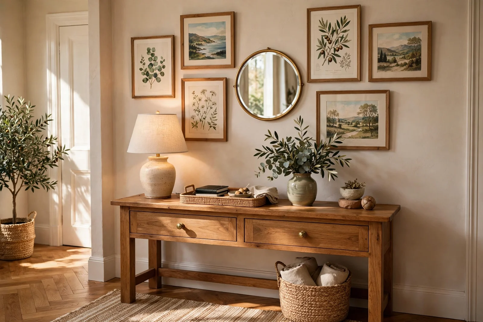 Entryway gallery wall above a console with botanical prints and a round mirror