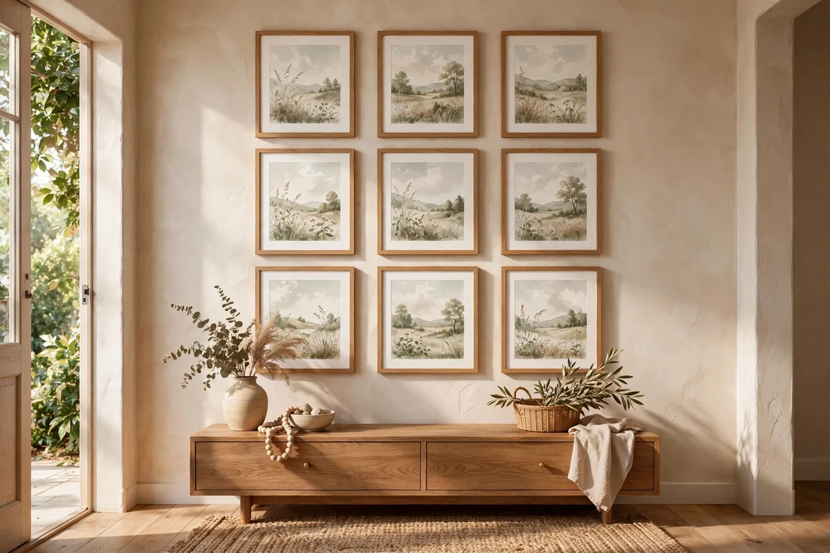 Nine matching framed prints in a neat grid above an entryway console