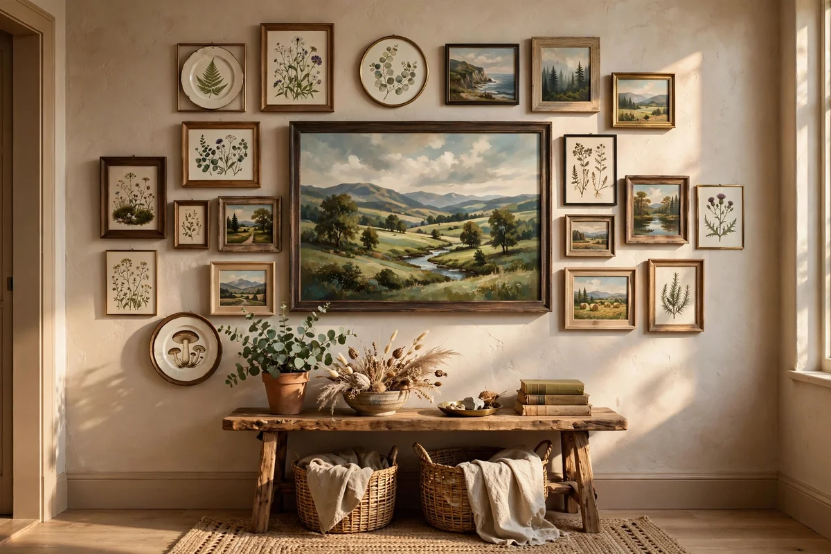 Asymmetric salon style cluster of framed art across an entryway wall