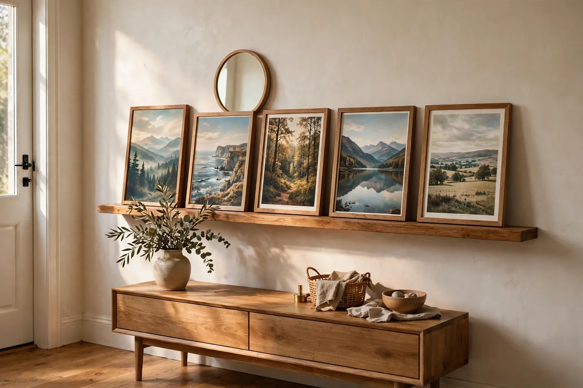 Wooden picture ledge with leaning framed prints above an entryway console