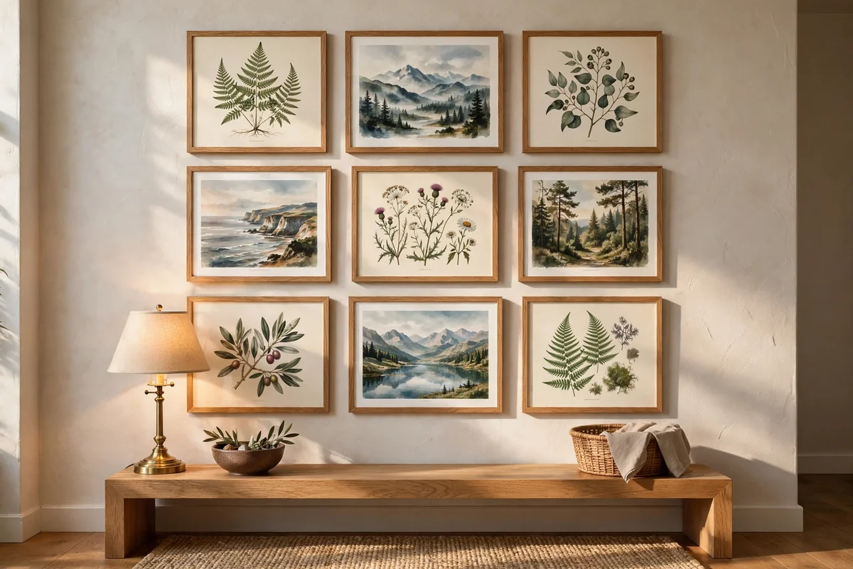 Mixed art prints unified by slim oak frames on an entryway wall