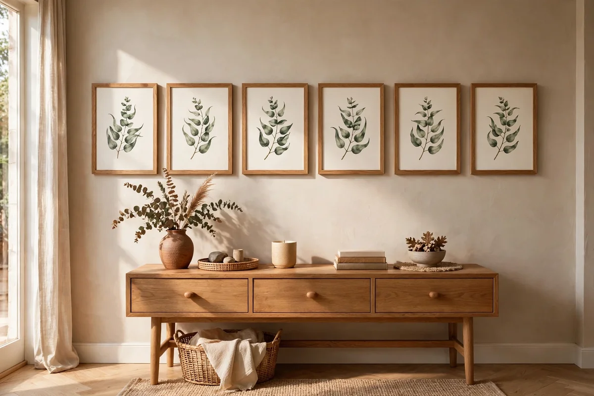 Row of framed botanical prints in matching oak frames above a console