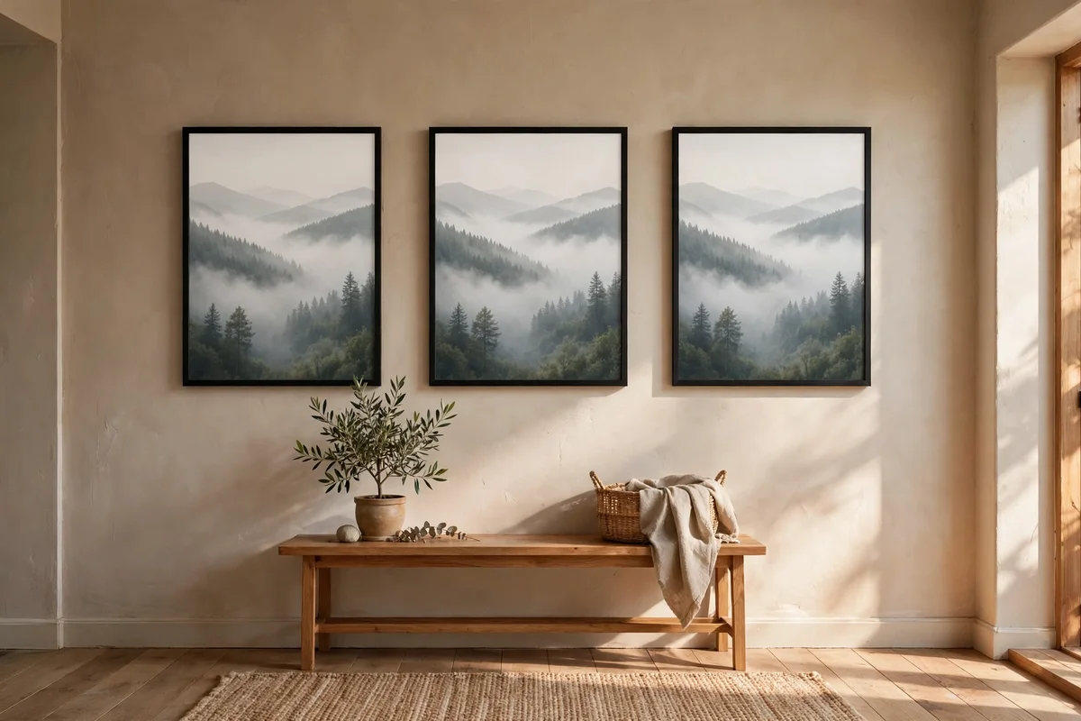 Three matching landscape prints side by side on an entryway wall