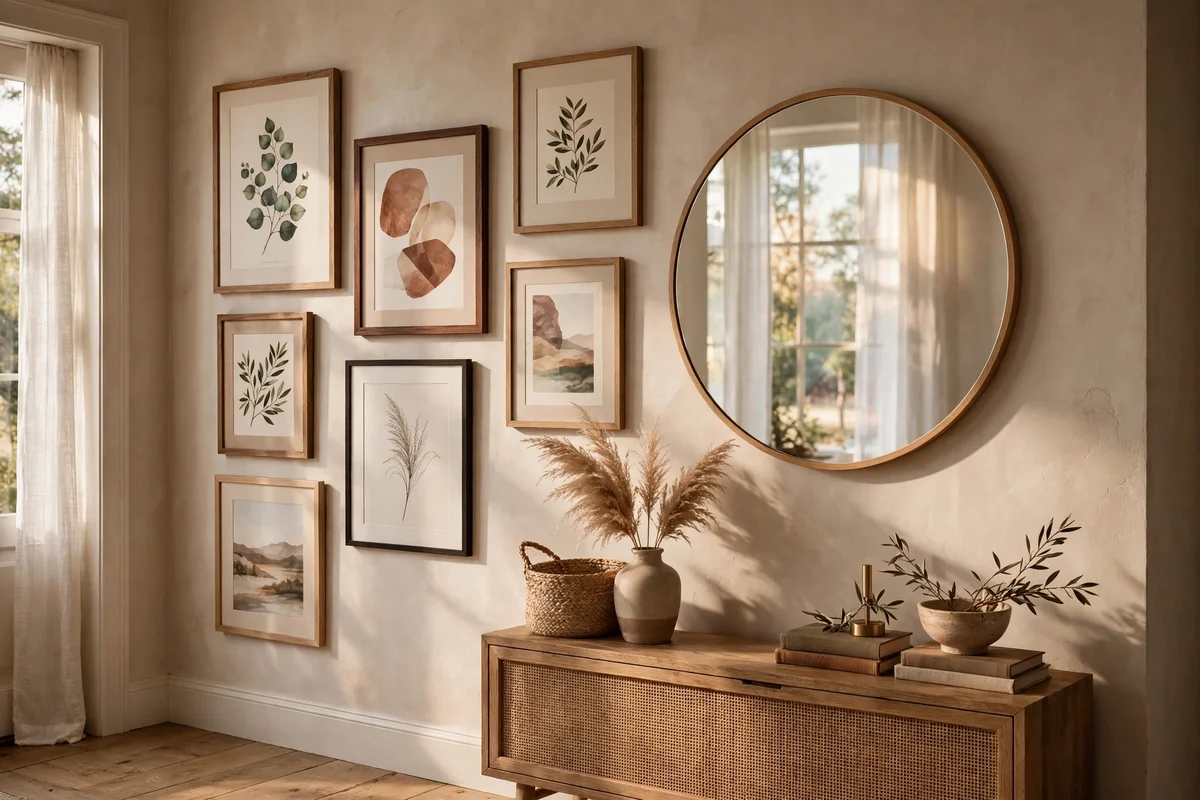 Round mirror among framed art prints on an entryway gallery wall