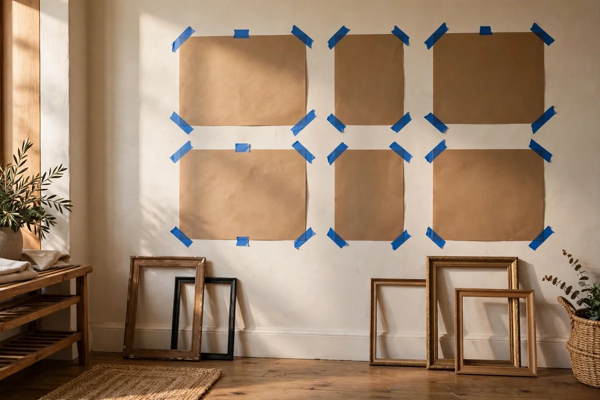 Kraft paper templates taped to a wall before hanging picture frames