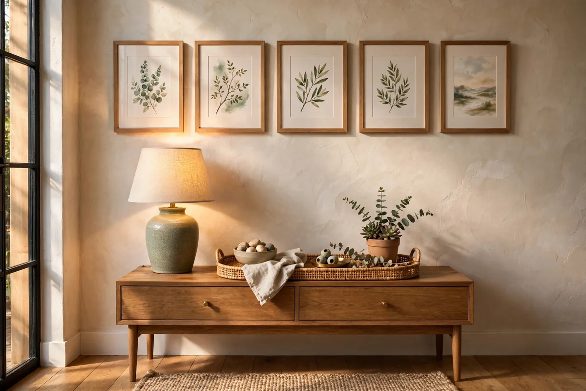 Gallery wall measured at eye level above a styled entryway console