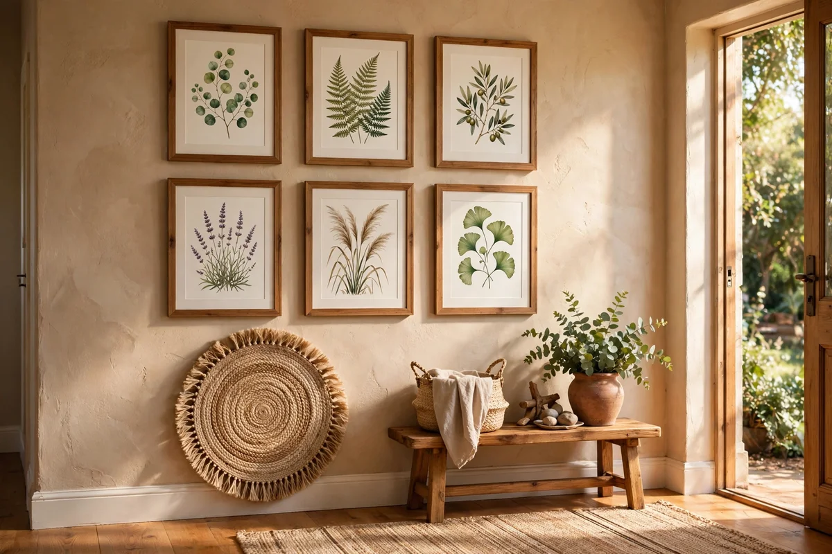 Woven jute wall hanging among framed prints on a gallery wall
