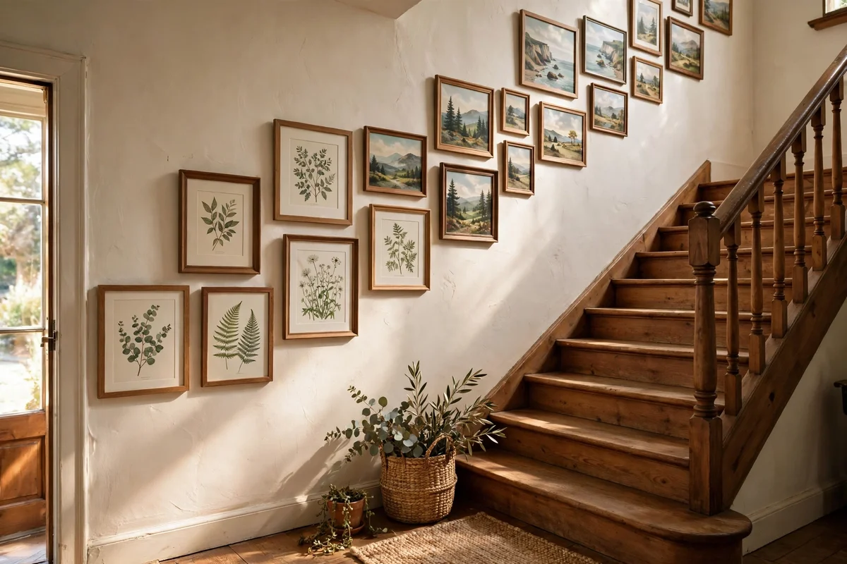 Framed prints climbing a stairwell wall following the angle of the steps