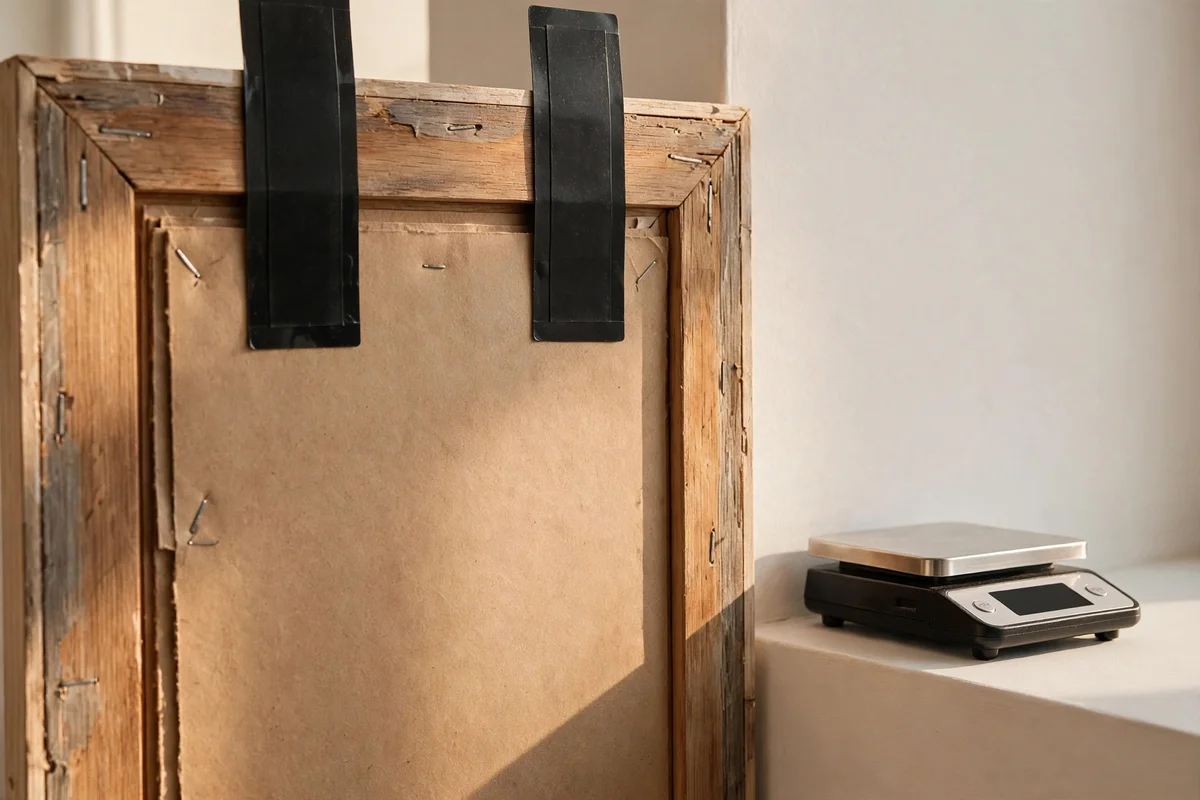 Adhesive hanging strips being applied to the back of a picture frame