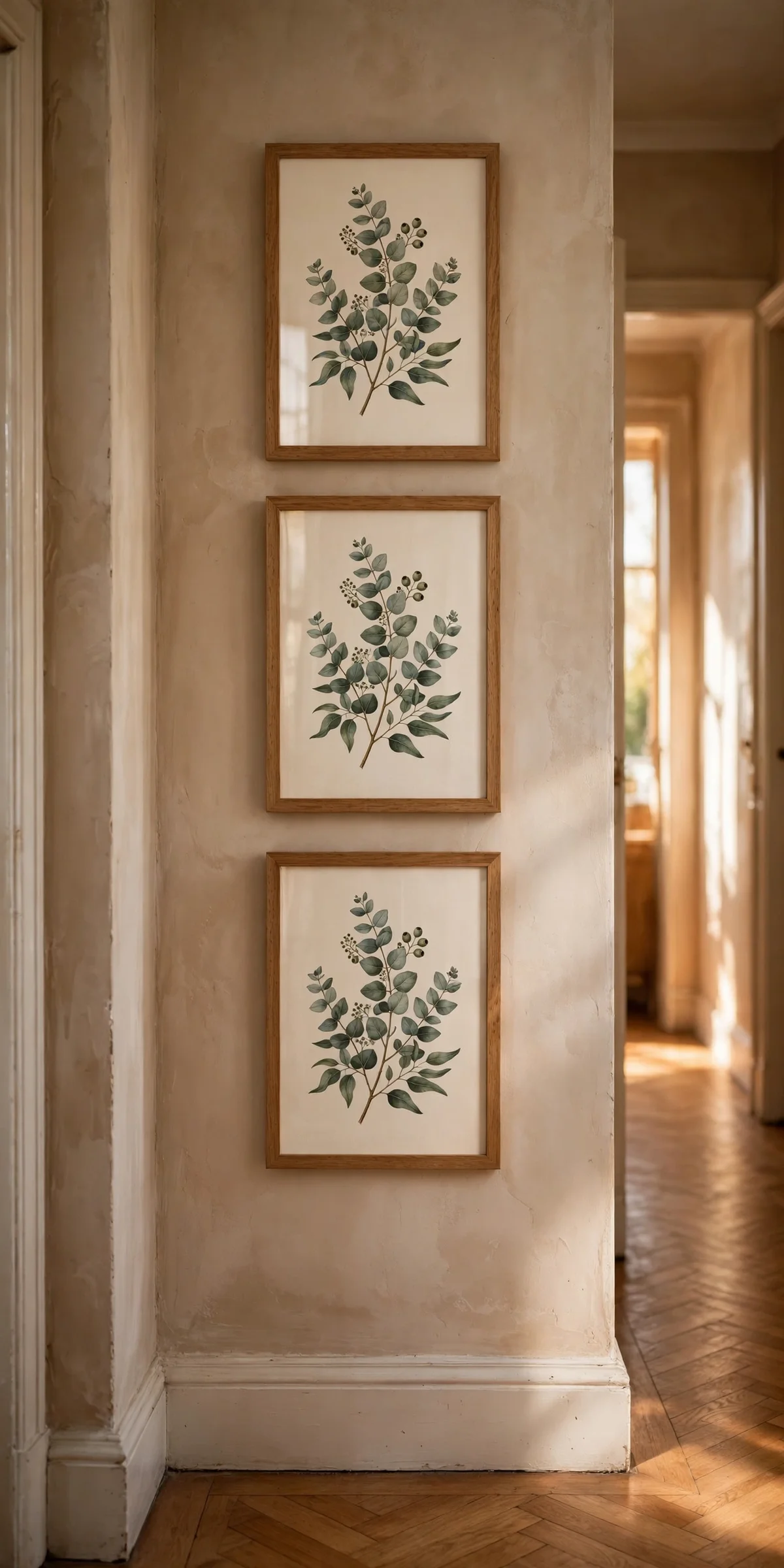 Three matching frames stacked vertically in a narrow hallway