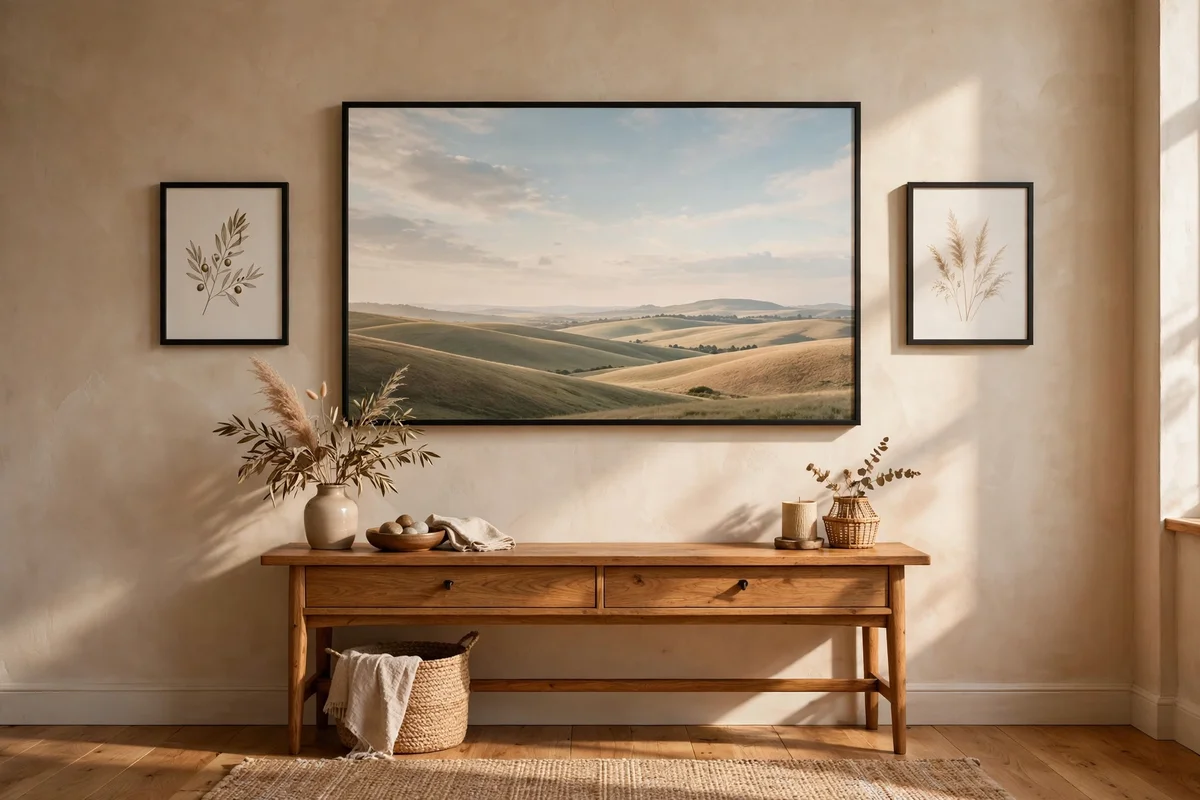 Large landscape print in a slim frame above an entryway console