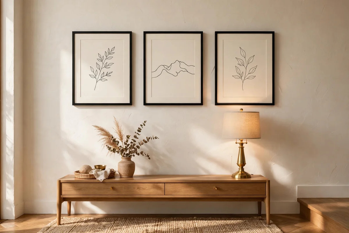 Minimal black line art prints with brass accents on an entryway wall