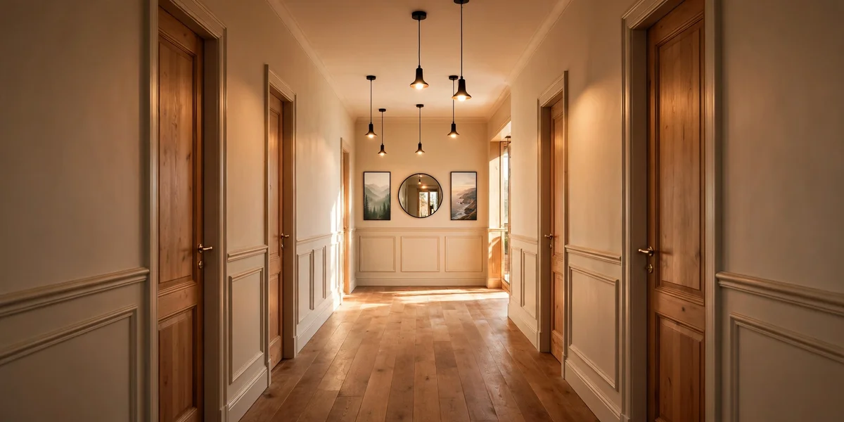 Mirror and landscape prints on the far end wall of a long hallway