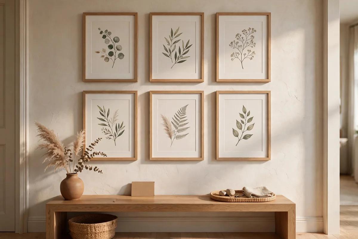 Evenly spaced framed prints showing consistent gaps on a gallery wall