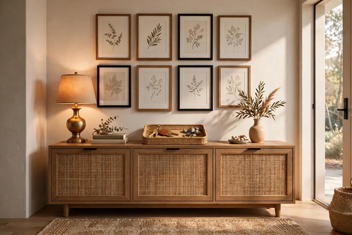 Styled entryway console with lamp, tray and vase beneath a gallery wall