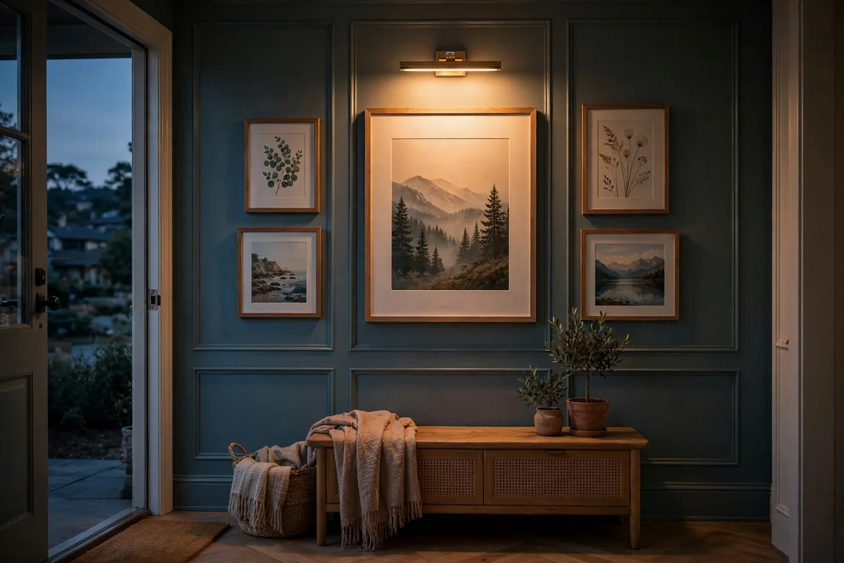 Warm picture light glowing above framed art on an entryway wall