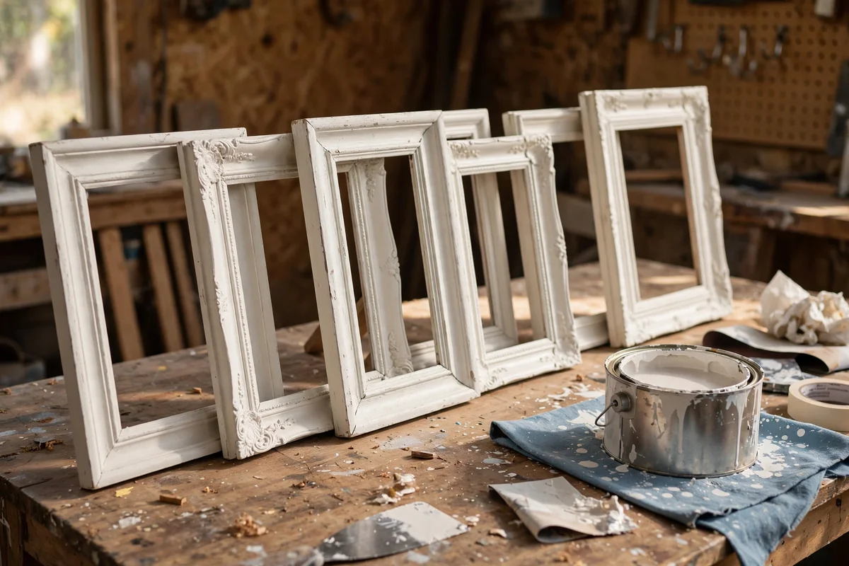 Spray painted matching frames in warm white lined up for a gallery wall