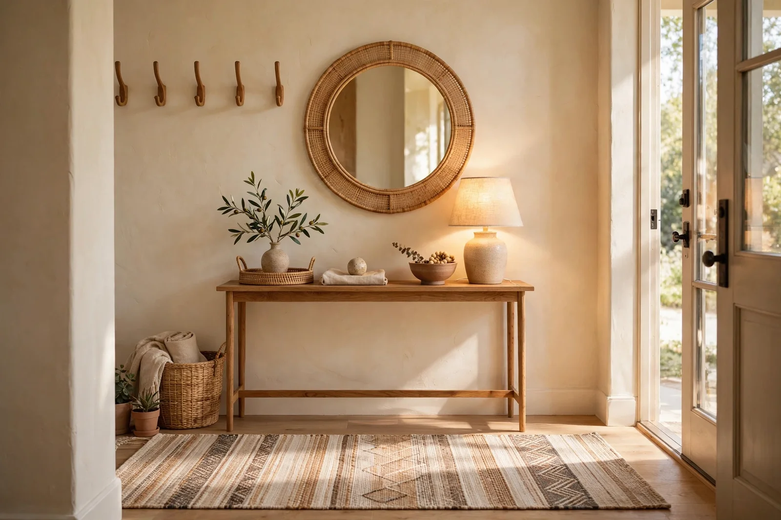 Warm welcoming entryway with console, mirror, lamp, runner and coat hooks