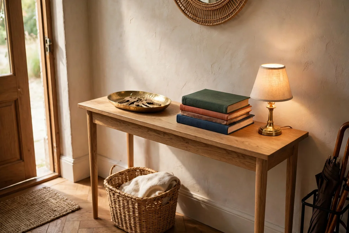 A slim oak console in a cream entryway holding a brass key tray, stacked books and a small glowing lamp
