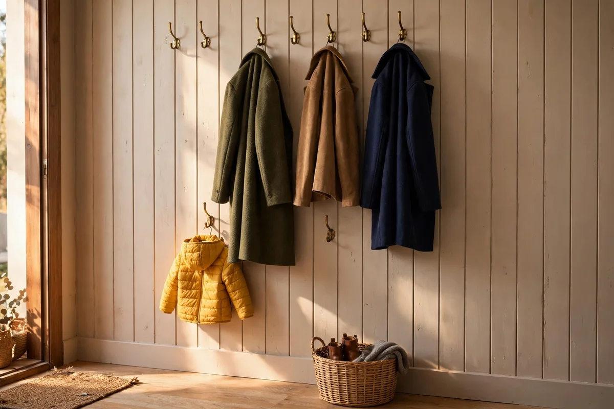Brass coat hooks mounted at adult and child heights on a cream entryway wall with coats hung neatly