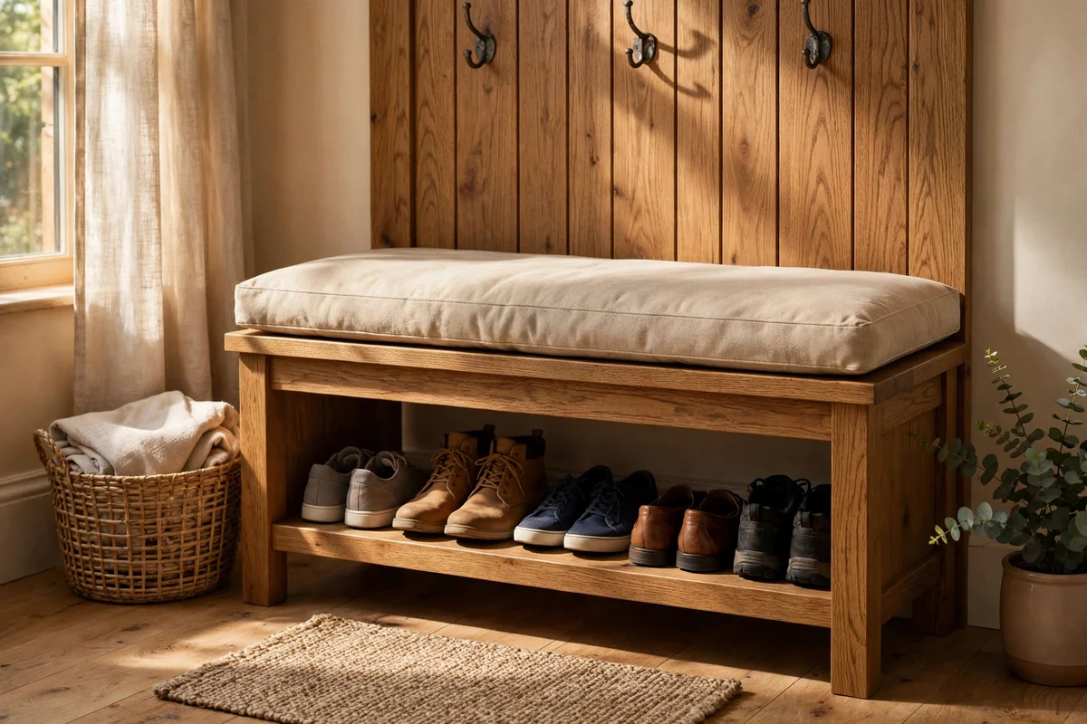An oak entryway bench with a beige washable cushion and shoes arranged on its lower shelf