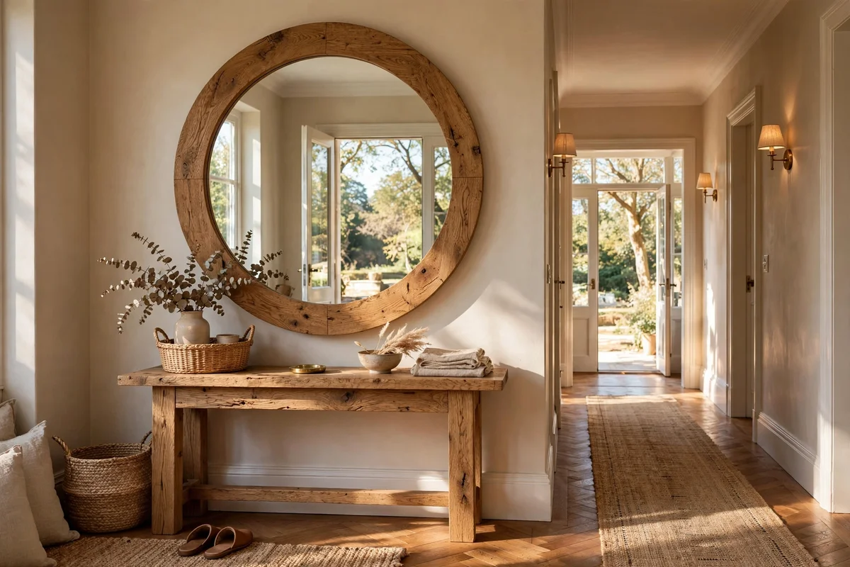 A round oak-framed mirror on an entryway wall reflecting warm daylight across the hall
