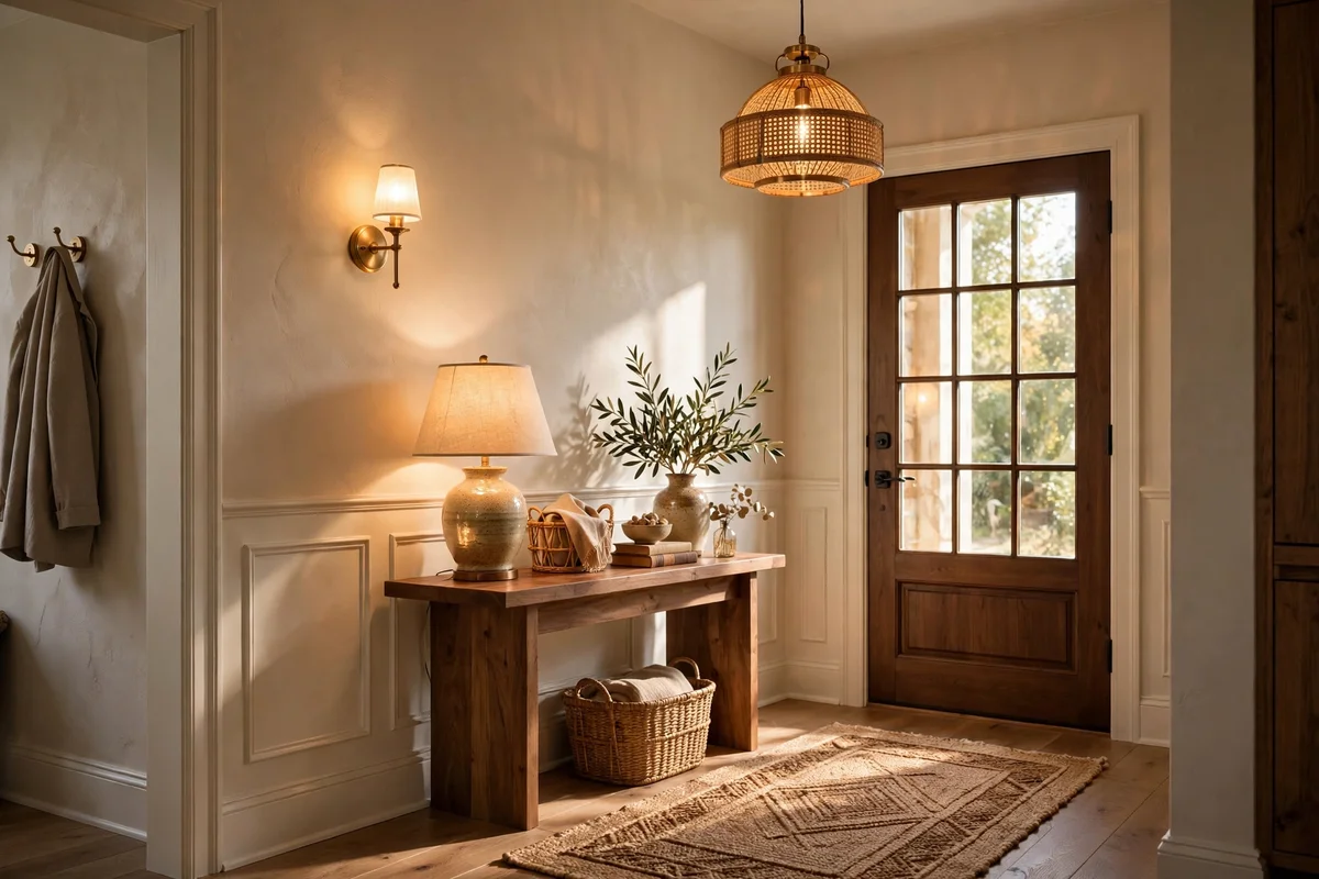 An entryway layered with warm light from a ceiling pendant, a glowing console lamp and a wall sconce