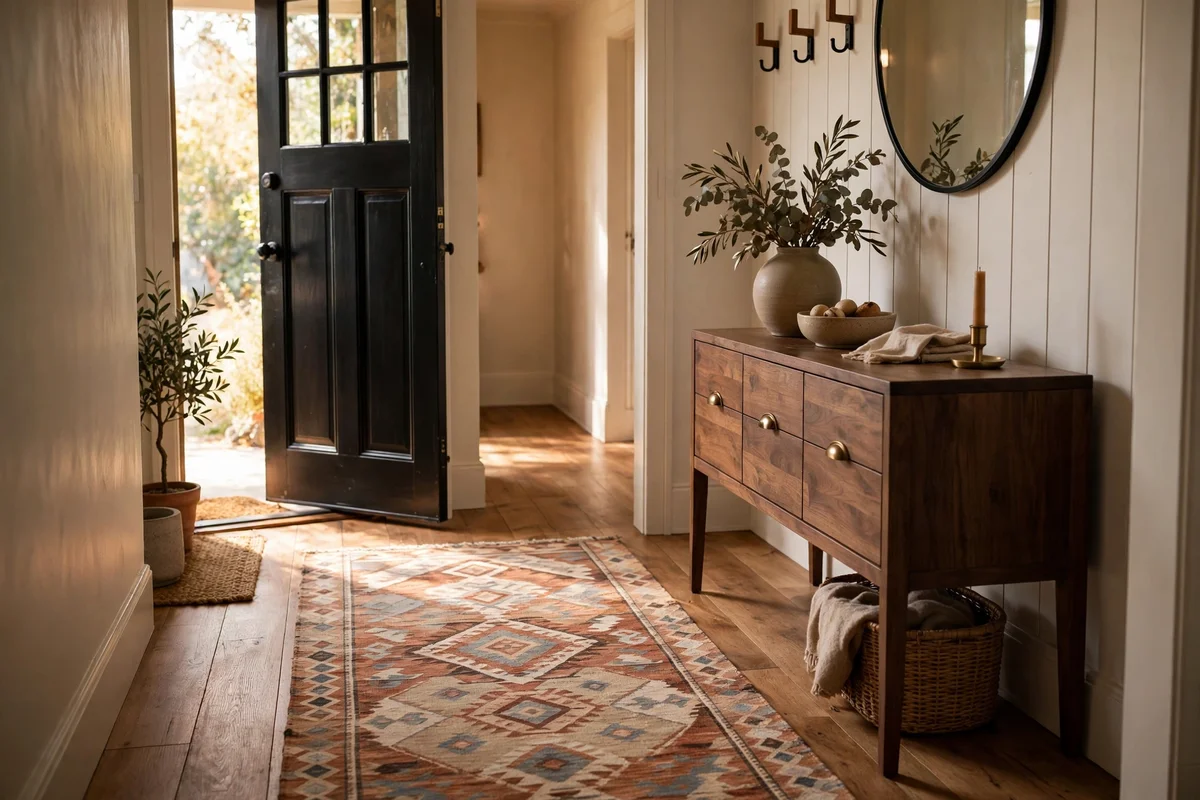 A flatweave runner with a dark border laid down a bright entryway hall over wooden flooring