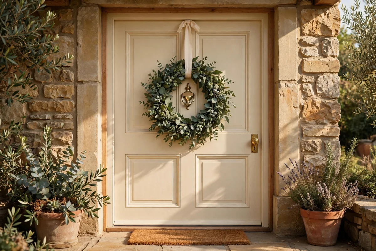 A front door decorated with a plain green eucalyptus wreath hanging from a cream ribbon