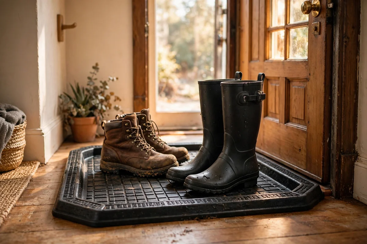 A black rubber boot tray with raised edges holding two pairs of boots by the entryway door