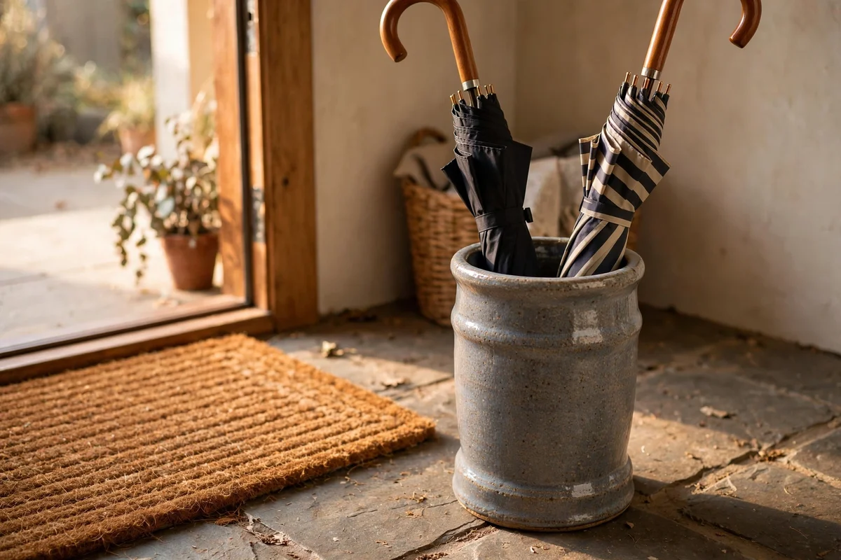 A dark ceramic umbrella stand with two umbrellas standing beside the front door mat