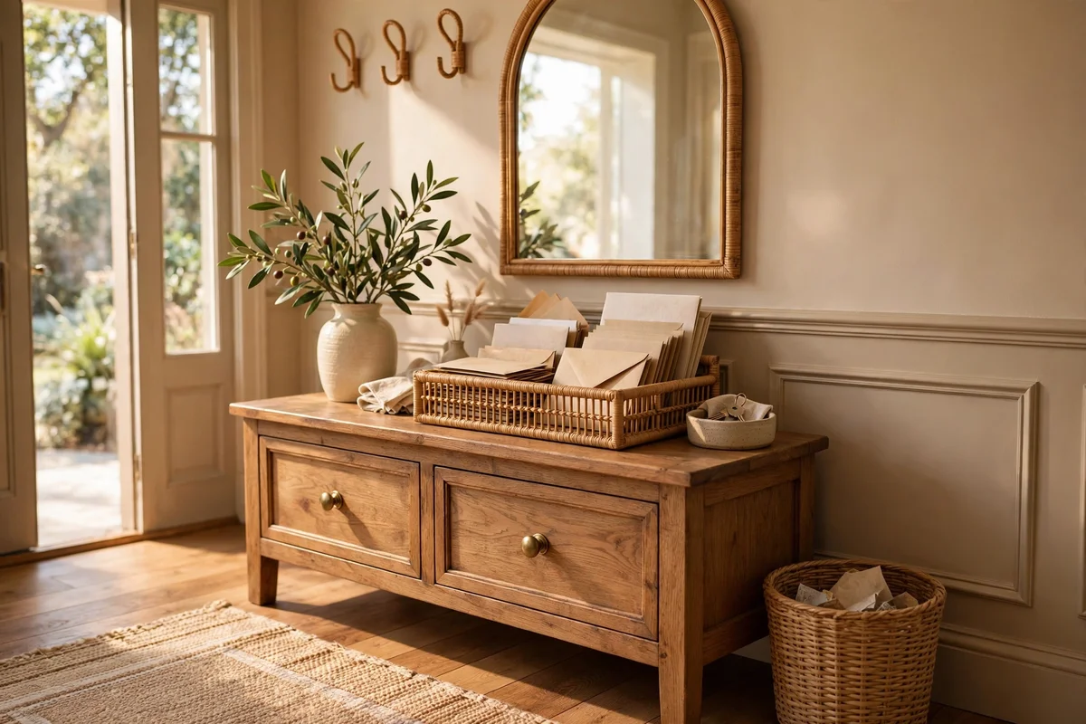 A wooden letter tray holding envelopes on an entryway console with a small woven waste basket beside it