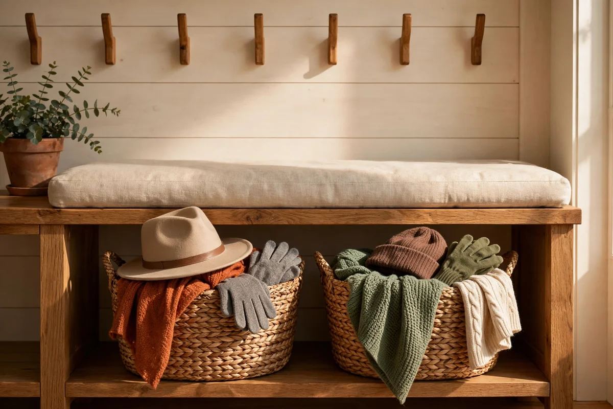 A pair of seagrass baskets on a bench shelf holding folded hats, gloves and scarves