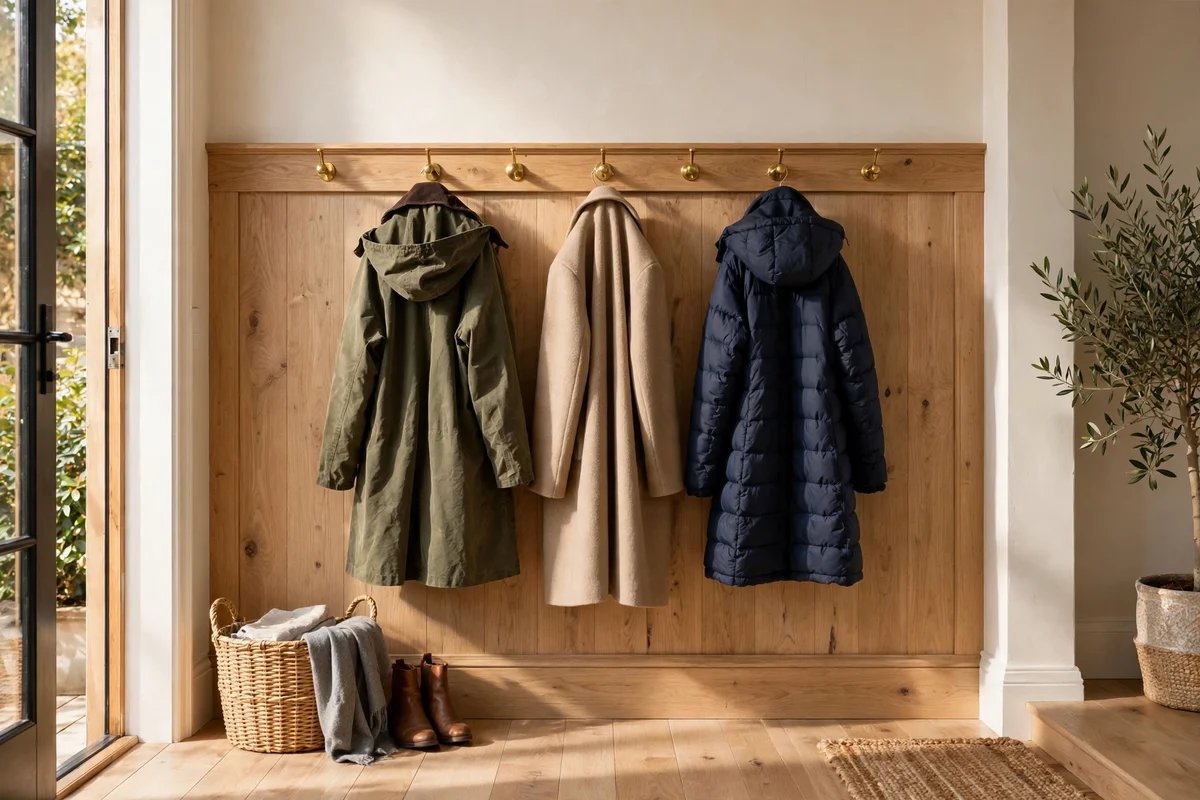 An oak wall rail with brass pegs holding daily coats on a cream entryway wall