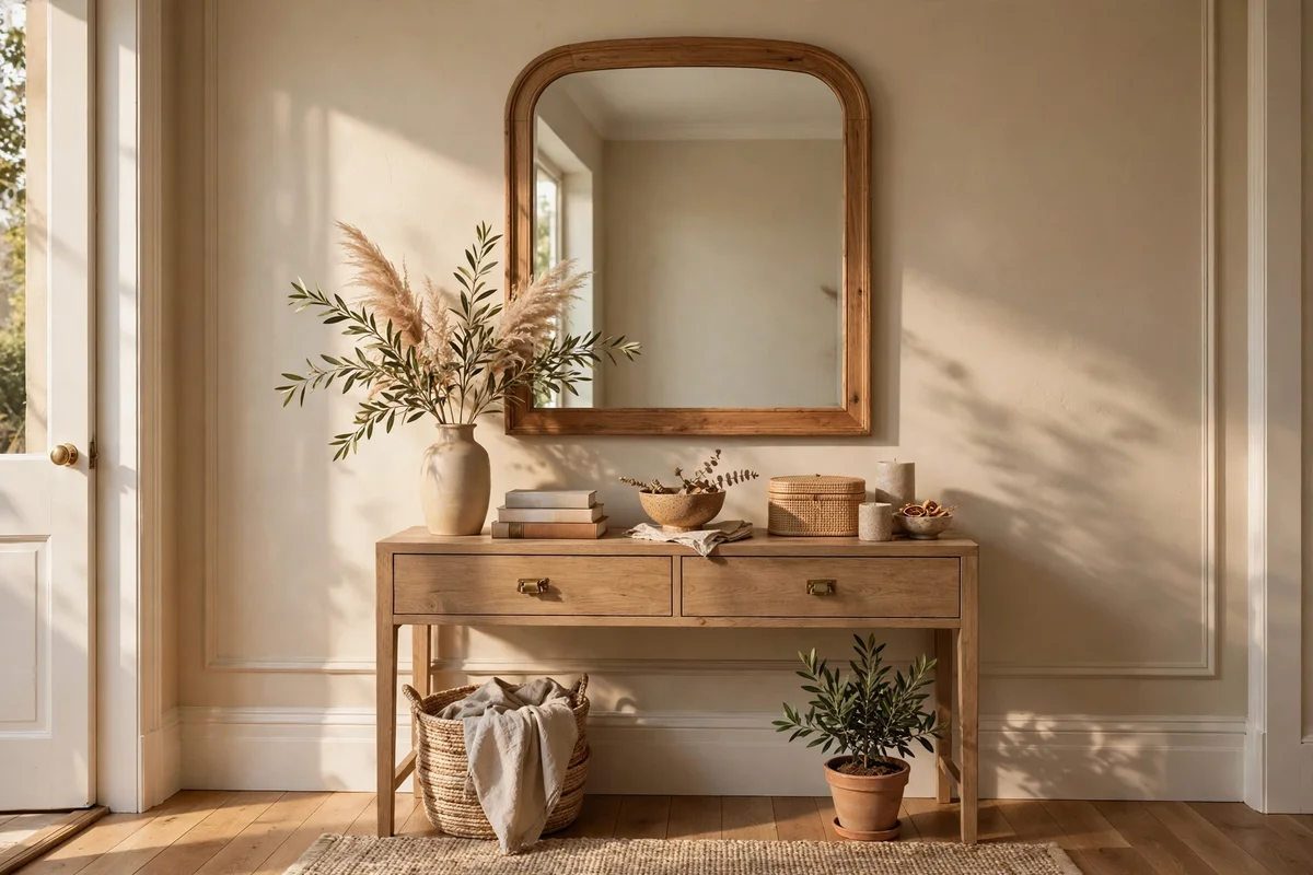 A warm oatmeal painted entryway wall behind a wooden console with a round mirror above