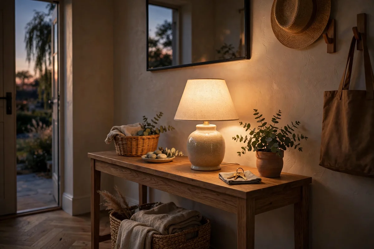 A warm glowing table lamp on an entryway console beside a mirror, evening light through the door