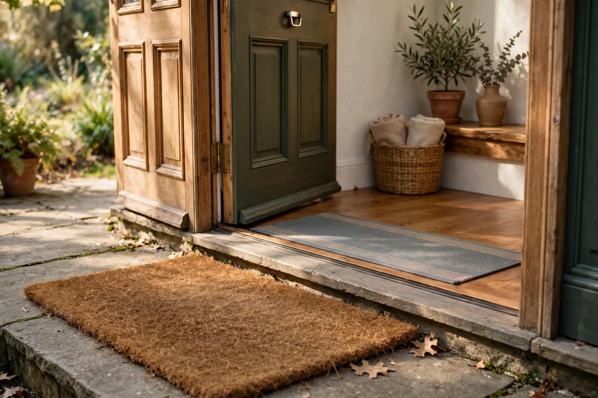 A rough coir mat on the doorstep outside a front door with an indoor mat beyond it