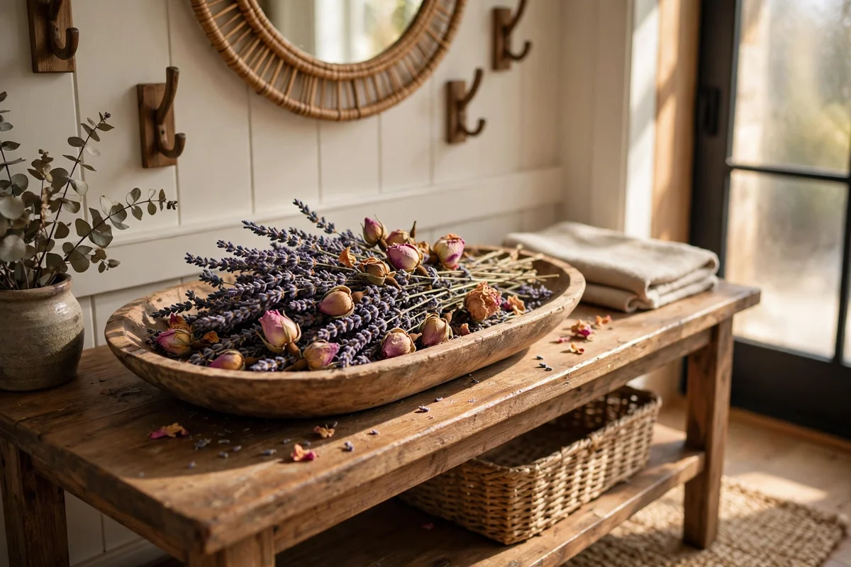 A low wooden bowl filled with dried lavender and rosebuds on a cream entryway console