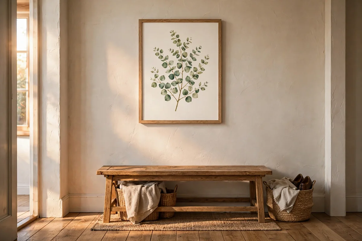 A framed botanical print hanging at eye level on a cream entryway wall above a wooden bench