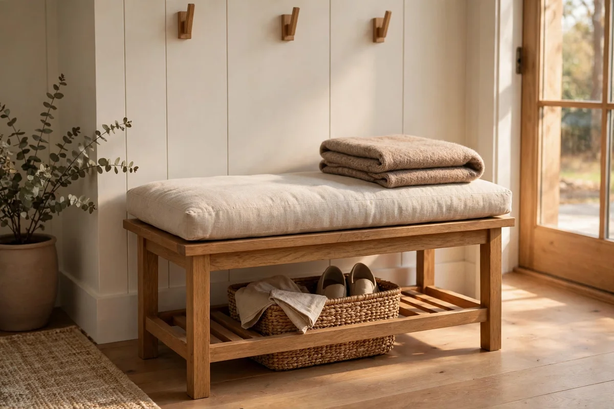 A wooden entryway bench dressed with an oatmeal washable cushion and a folded wool throw