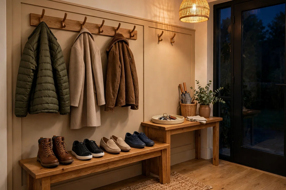 A neatly reset entryway at night with shoes aligned on a shelf, coats on hooks and keys in a tray