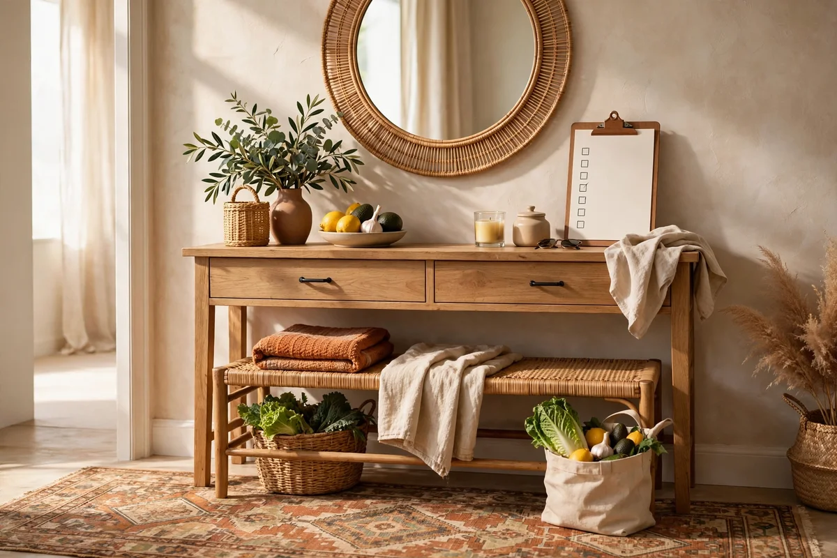 A complete styled entryway showing console, bench, runner, mirror and hooks as a shopping list vision