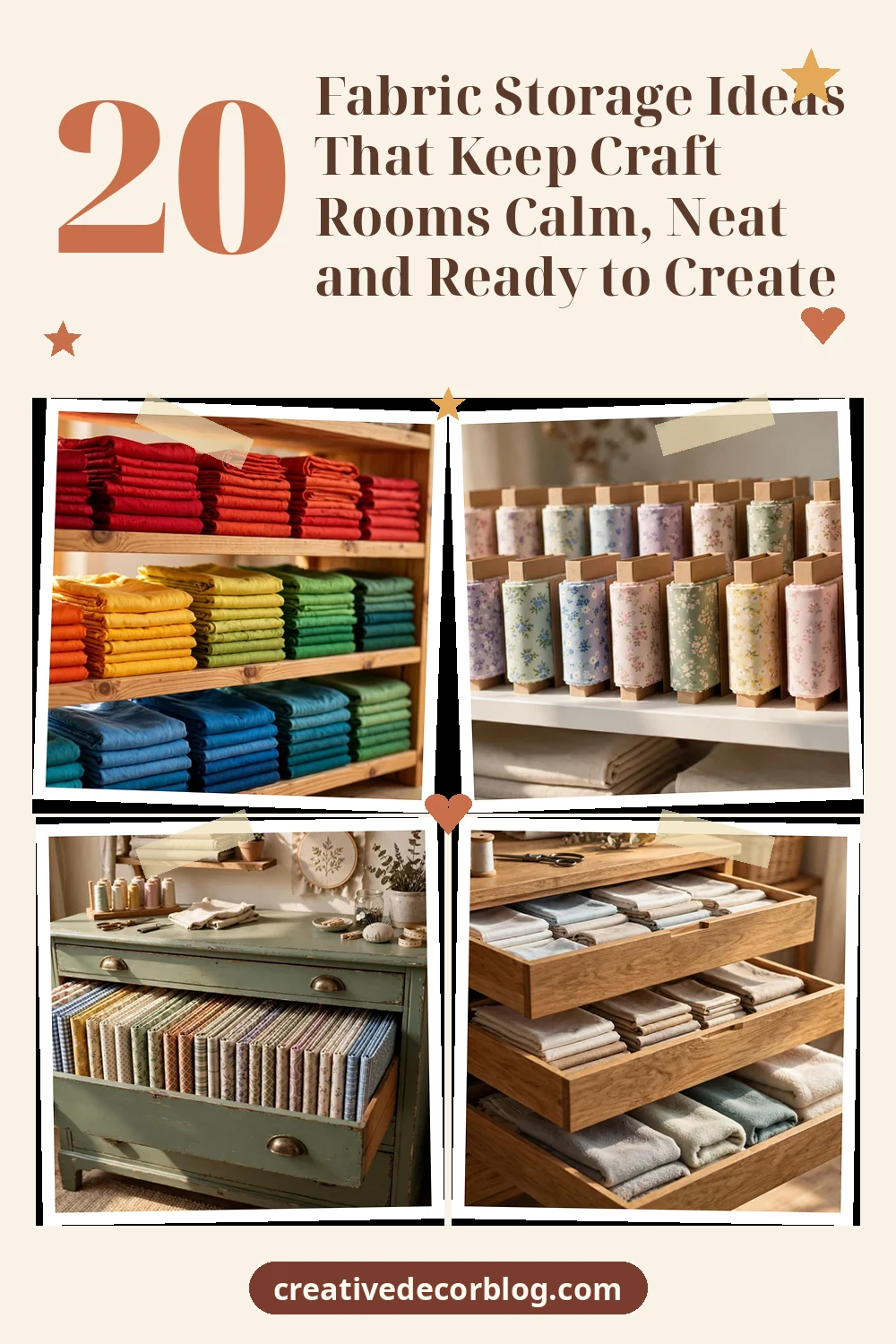 Pinterest pin with a grid of fabric storage photos and the title 20 Fabric Storage Ideas That Keep Craft Rooms Calm, Neat and Ready to Create