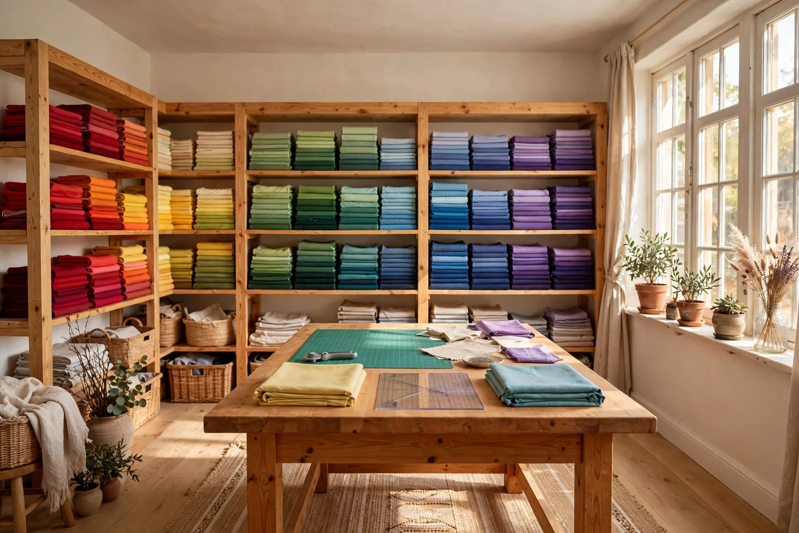 Bright craft room with open pine shelves of folded fabrics arranged in rainbow order around a wooden cutting table