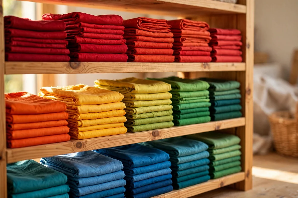 Open pine shelves holding folded fabrics arranged in rainbow colour order