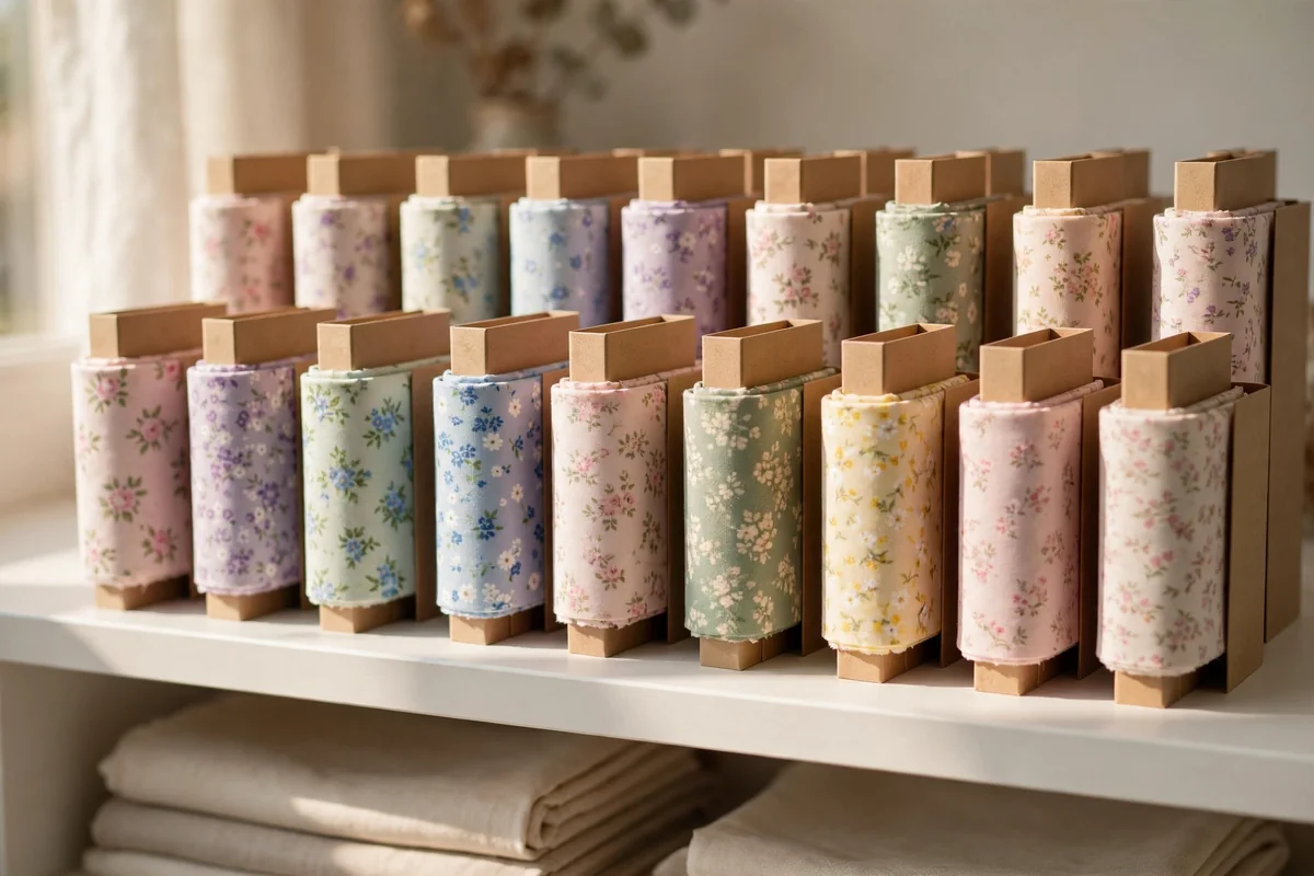 Small fabric bolts wrapped around plain card standing in uniform rows on a shelf