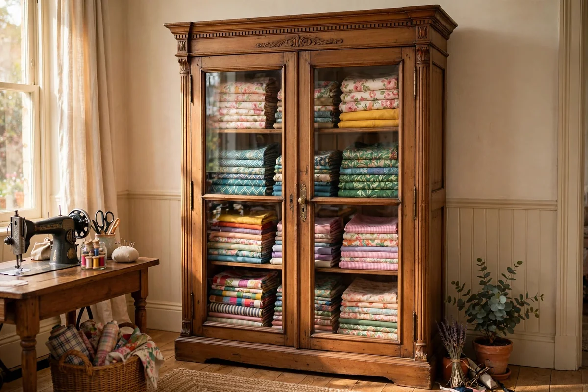 Vintage glass-front armoire filled with folded colourful fabrics behind glass doors