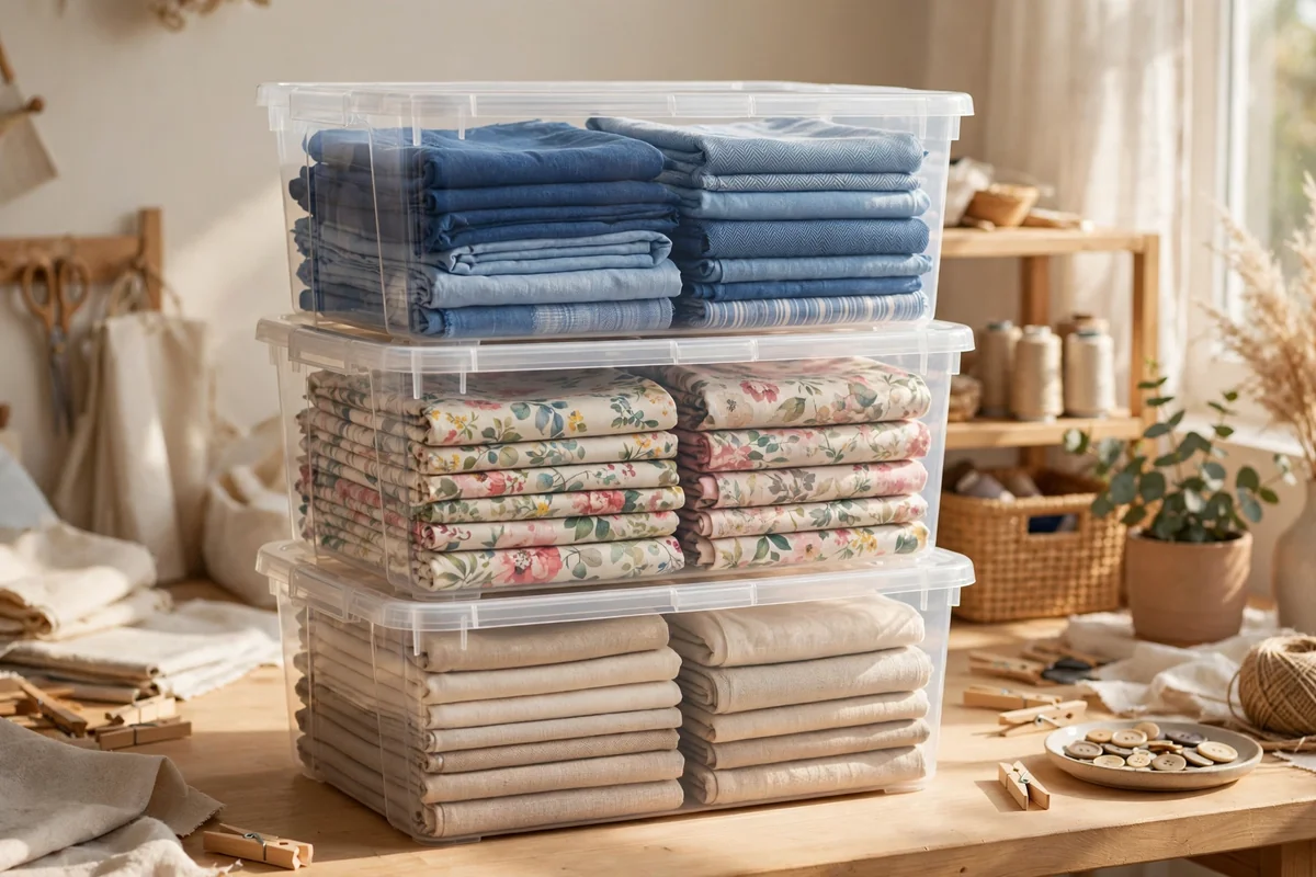 Stacked clear lidded tubs filled with fabrics grouped by colour family