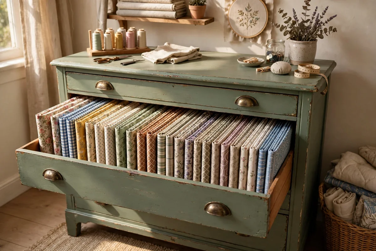 Painted vintage dresser with an open drawer of fabrics file-folded upright in rows
